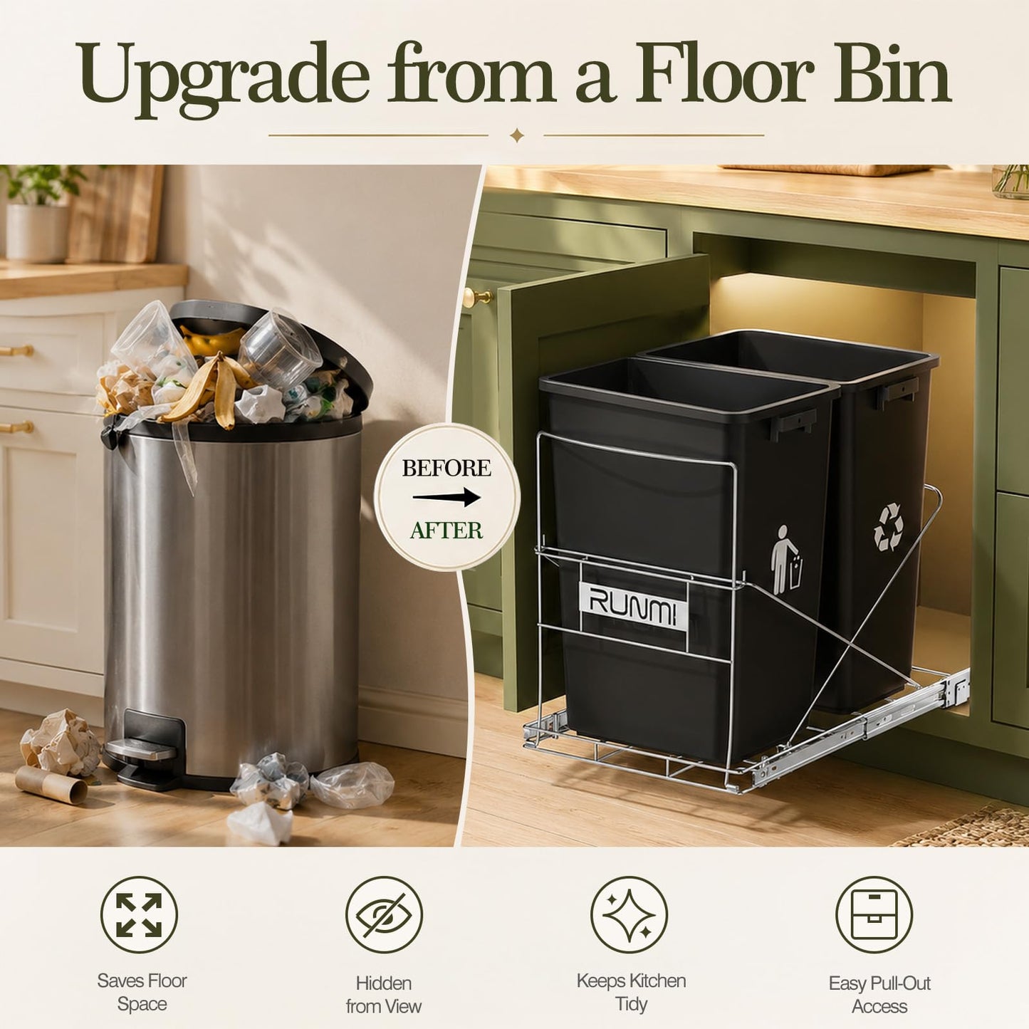 RUNMI Pull Out Trash Can Under Cabinet Under Sink Trash Can Pull Out with Handle