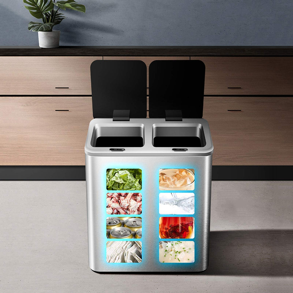 Smart Dual Compartment Sensor Trash Can, Large Capacity Stainless Steel Kitchen Waste Bin with Lid