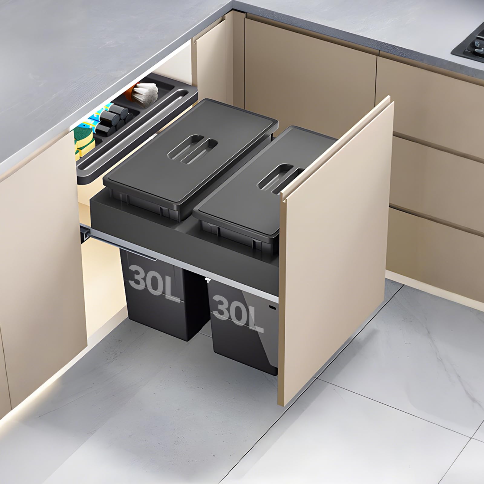 Under Sink Pull-Out Trash Can – Grey ABS, Soft-Close Slide, Lid, Top Storage Tray, Kitchen Cabinet Organizer