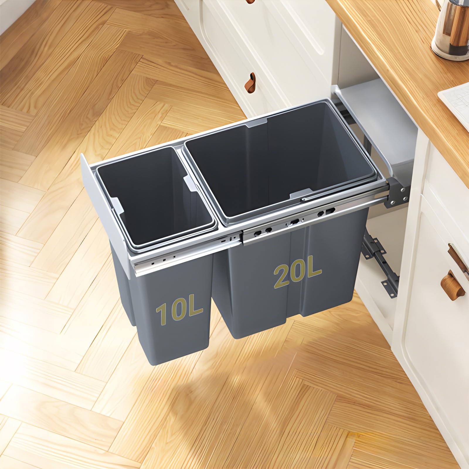 Under Sink Pull-Out Trash Can – Grey ABS, Soft-Close Slide, Lid, Top Storage Tray, Kitchen Cabinet Organizer