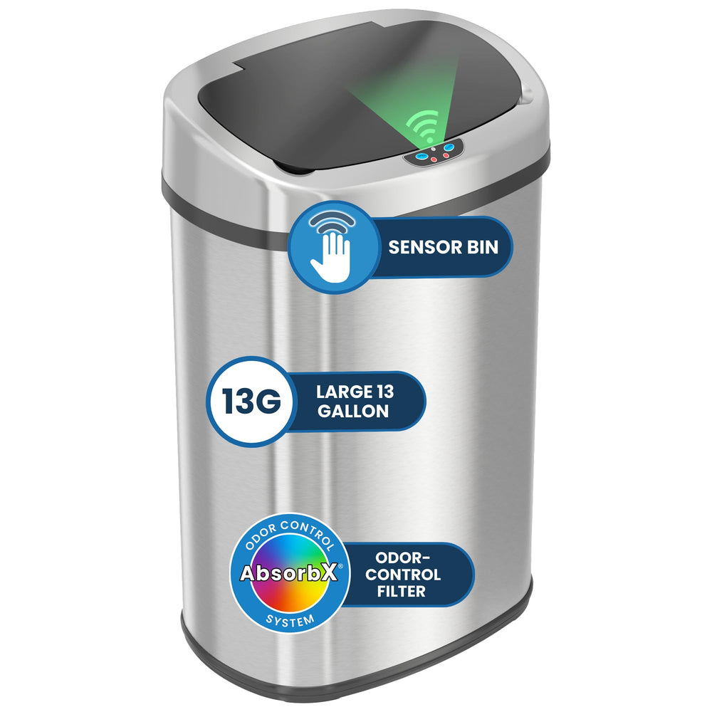 13 Gallon Oval Smart Sensor Trash Can – 50L, Odor Filter, Stainless Steel, Motion Sensor, Soft-Close Lid, Fingerprint Resistant