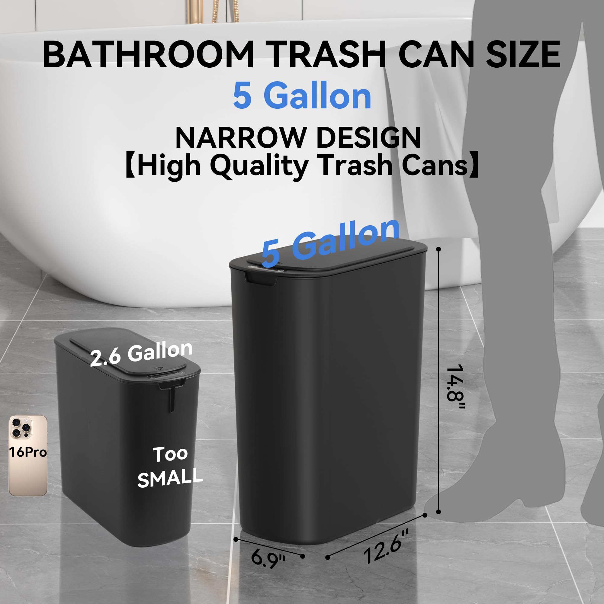 Bathroom Smart Trash Can – 5 Gallon / 18L, Touchless Motion Sensor, Slim Narrow Design, Lid, Home Office Bedroom RV