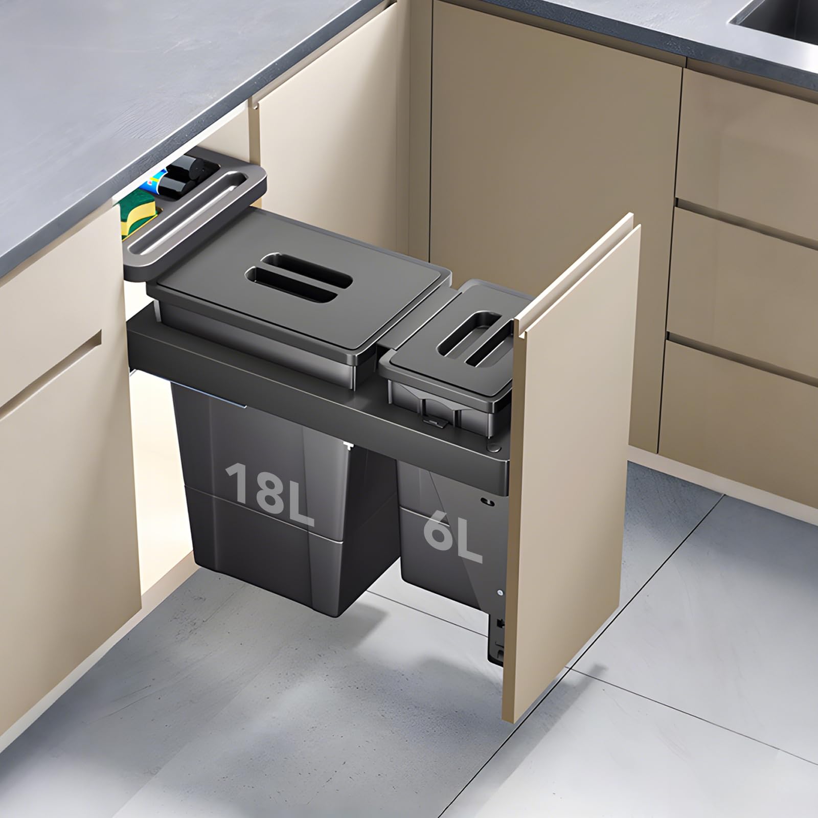 Under Sink Pull-Out Trash Can – Grey ABS, Soft-Close Slide, Lid, Top Storage Tray, Kitchen Cabinet Organizer