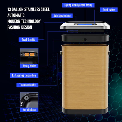 13 Gallon Smart Sensor Trash Can – 50L, Stainless Steel, Motion Lid, Silent Opening, Kitchen Office Bedroom Bin