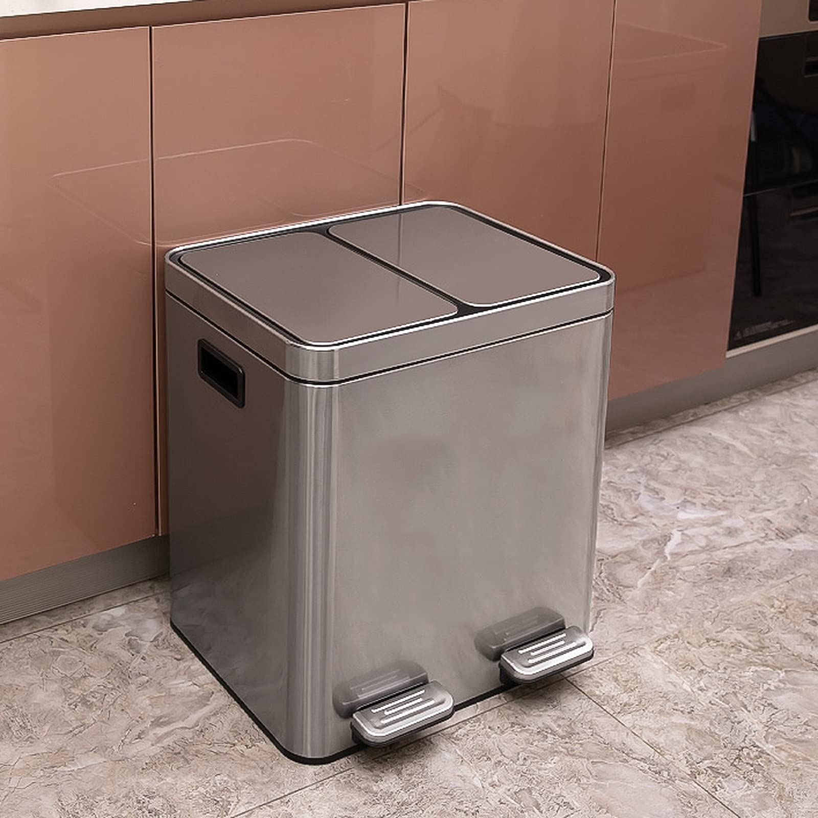 Dual Compartment Step Trash Can – Stainless Steel, 2 Bin, Soft-Close, Recycling Bin