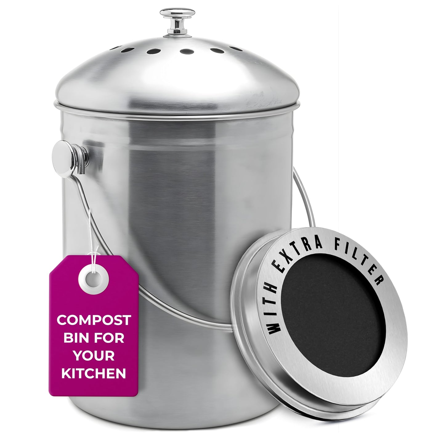 Compost Bin – 1.3 Gallon, Kitchen Countertop Waste Bin, Charcoal Filter, Odor Control