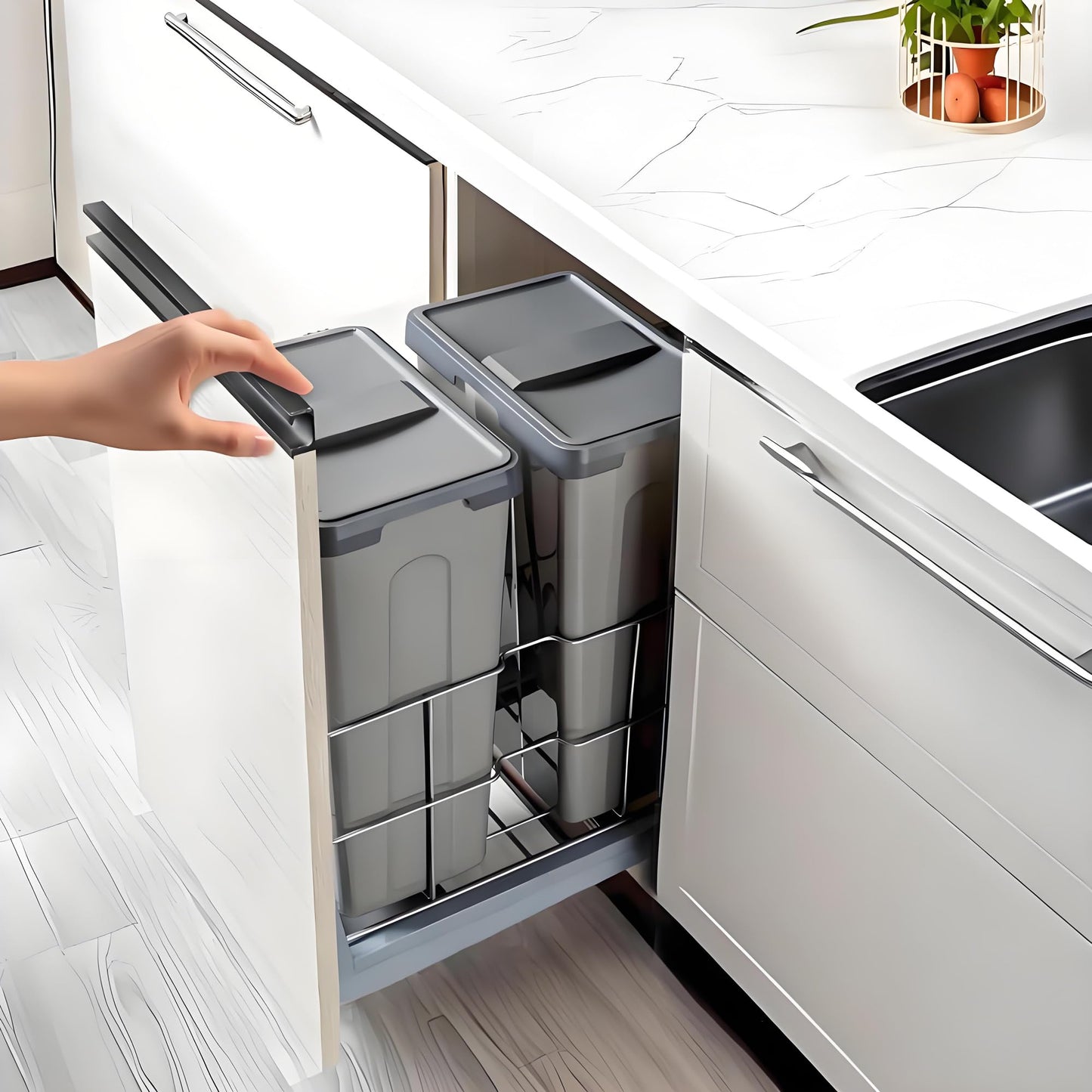 Under Cabinet Pull-Out Trash Can – Dual 24QT, Soft-Close Sliding, Lid, Kitchen Recycling Bin, Door Mount System, Grey