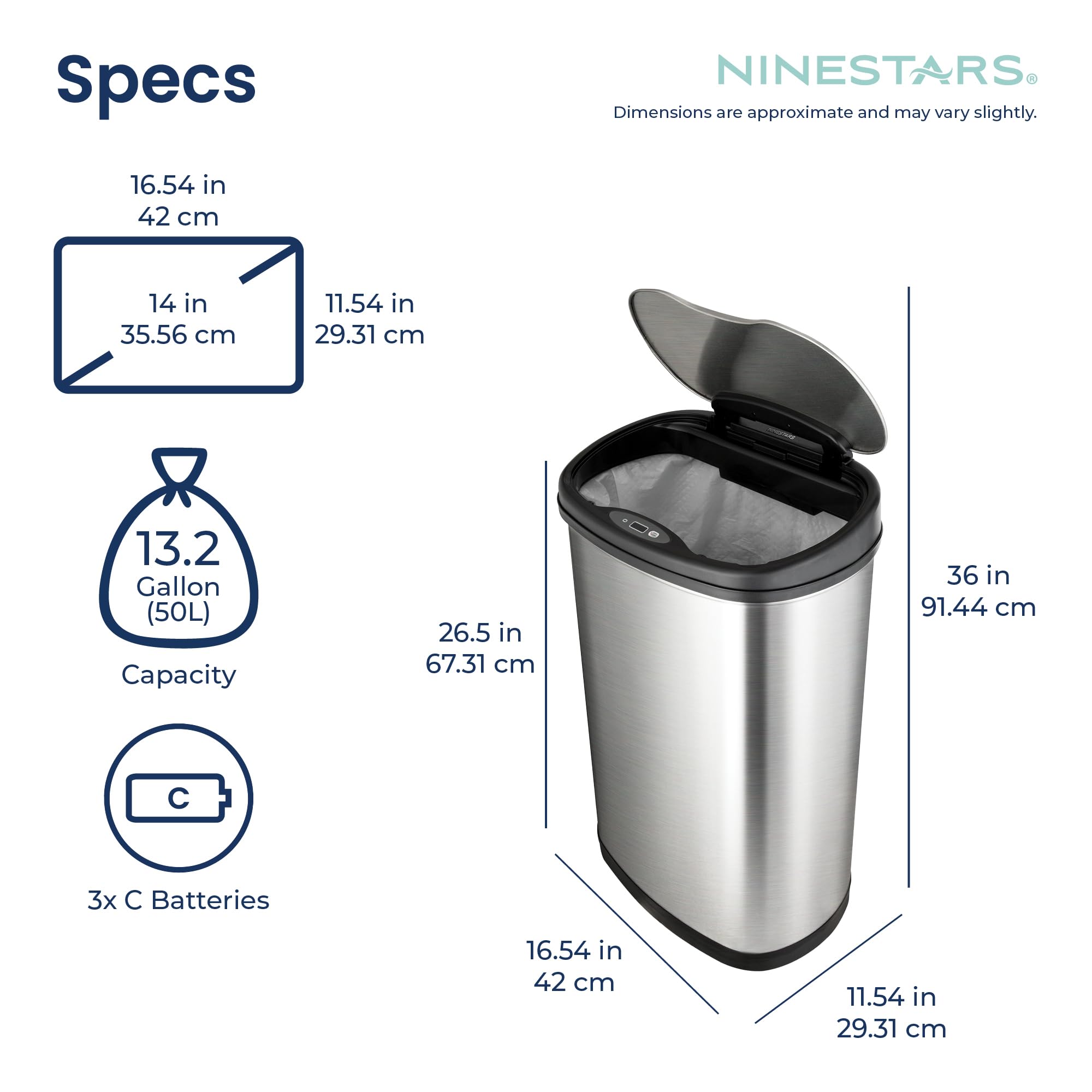 13 Gallon Smart Sensor Trash Can – 50L, Touchless, Odor Seal, Stainless Steel, Soft-Close Lid