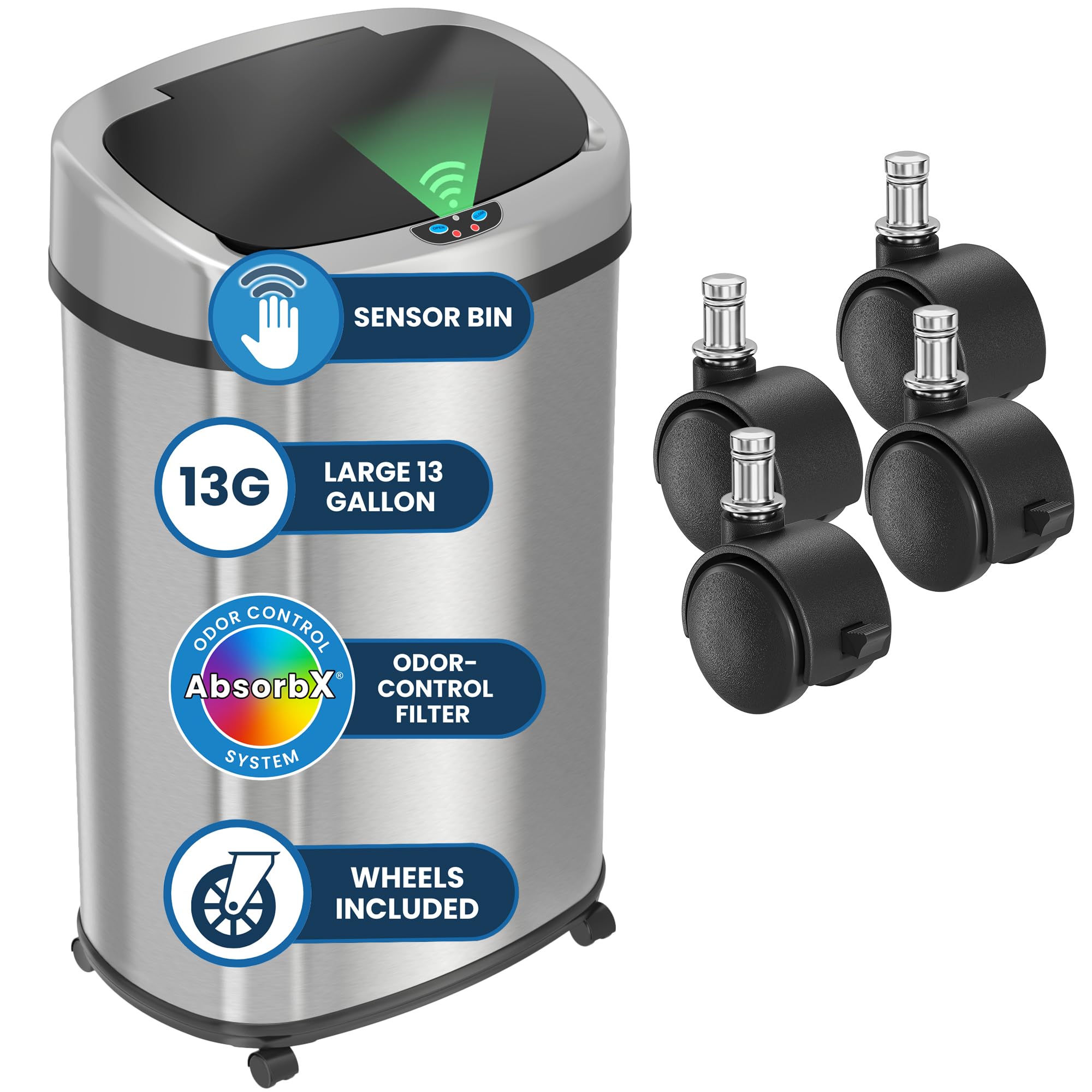 13 Gallon Oval Smart Sensor Trash Can – 50L, Odor Filter, Stainless Steel, Motion Sensor, Soft-Close Lid, Fingerprint Resistant