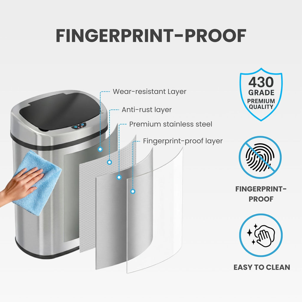 13 Gallon Oval Smart Sensor Trash Can – 50L, Odor Filter, Stainless Steel, Motion Sensor, Soft-Close Lid, Fingerprint Resistant