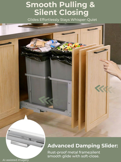Under Sink Pull-Out Trash Can – 35QT x2, Dual Bin, Soft-Close, Full Extension Slides, Heavy Duty Kitchen Recycling System