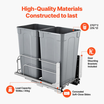 Under Sink Pull-Out Trash Can – Double Bin, Heavy Duty Metal Slides, Full Extension, Kitchen Recycling System, Grey