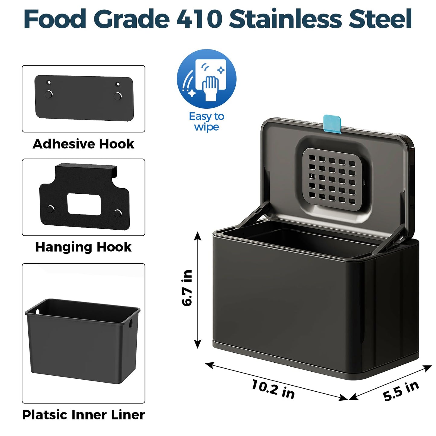 Hanging Stainless Steel Trash Can – With Lid & Inner Bucket, Wall Mount Kitchen Waste Bin