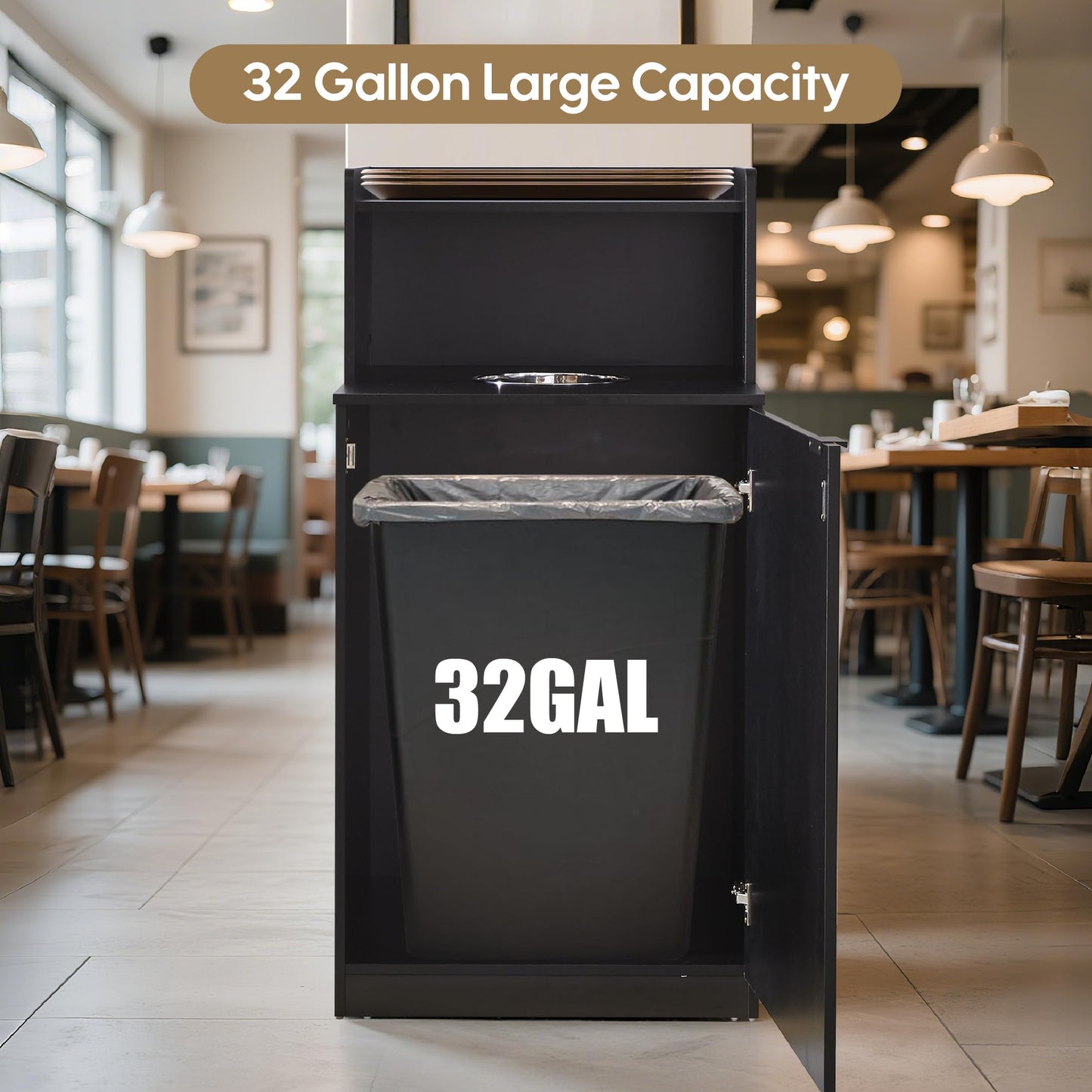 32 Gallon Commercial Restaurant Trash Cabinet – Wooden Enclosure, Large Waste Bin, Tray Holder, Door, Kitchen Office Cafeteria Garbage Container