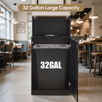 32 Gallon Commercial Restaurant Trash Cabinet – Wooden Enclosure, Large Waste Bin, Tray Holder, Door, Kitchen Office Cafeteria Garbage Container
