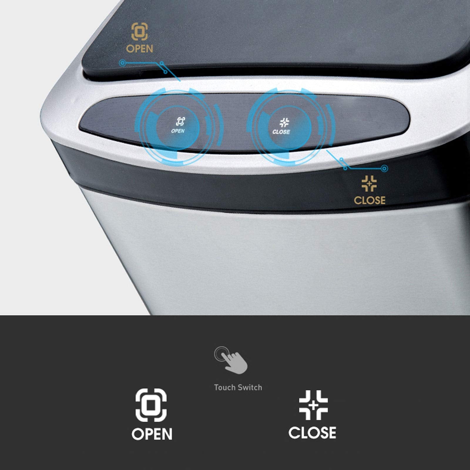 Smart Stainless Steel Touchless Trash Can, 20–30L Rectangular Kitchen Waste Bin with Lid
