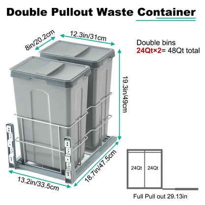Under Cabinet Pull-Out Trash Can – Dual 24QT, Soft-Close Sliding, Lid, Kitchen Recycling Bin, Door Mount System, Grey