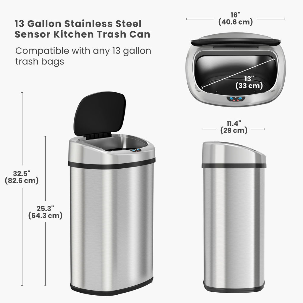 13 Gallon Oval Smart Sensor Trash Can – 50L, Odor Filter, Stainless Steel, Motion Sensor, Soft-Close Lid, Fingerprint Resistant