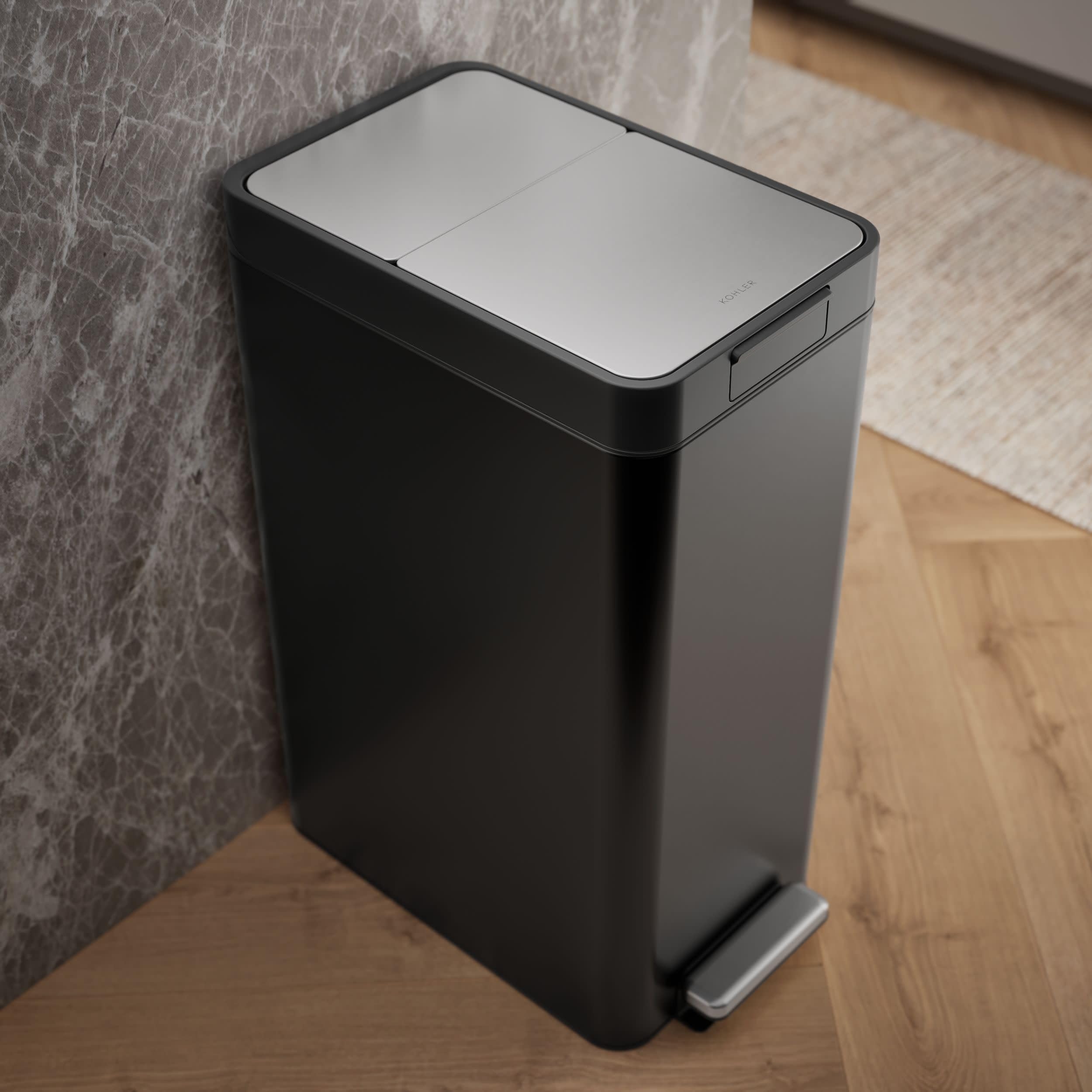 13 Gallon Slim Step Trash Can, Black Stainless Steel Space-Saving Bifold Lid Waste Bin
