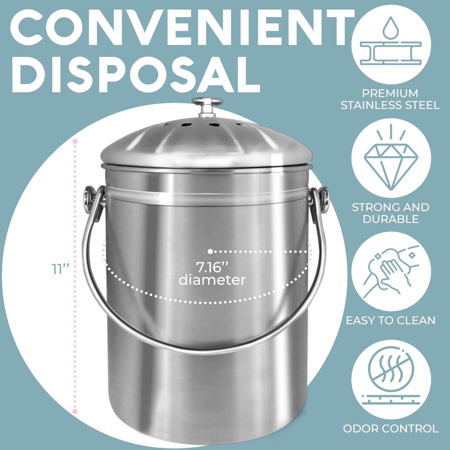 Compost Bin – 1.3 Gallon, Kitchen Countertop Waste Bin, Charcoal Filter, Odor Control