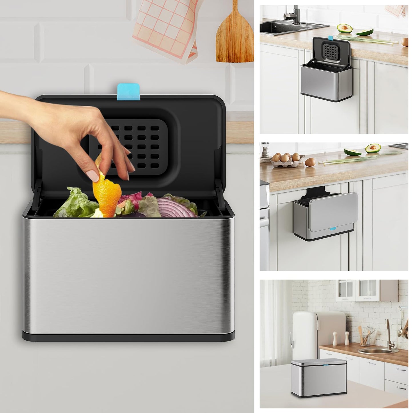 Hanging Stainless Steel Trash Can – With Lid & Inner Bucket, Wall Mount Kitchen Waste Bin