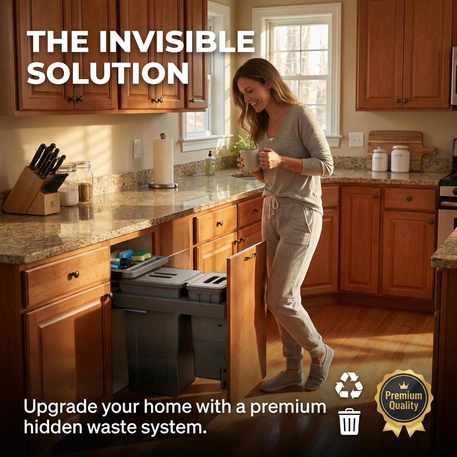 Under Sink Pull-Out Trash Can – Grey ABS, Soft-Close Slide, Lid, Top Storage Tray, Kitchen Cabinet Organizer