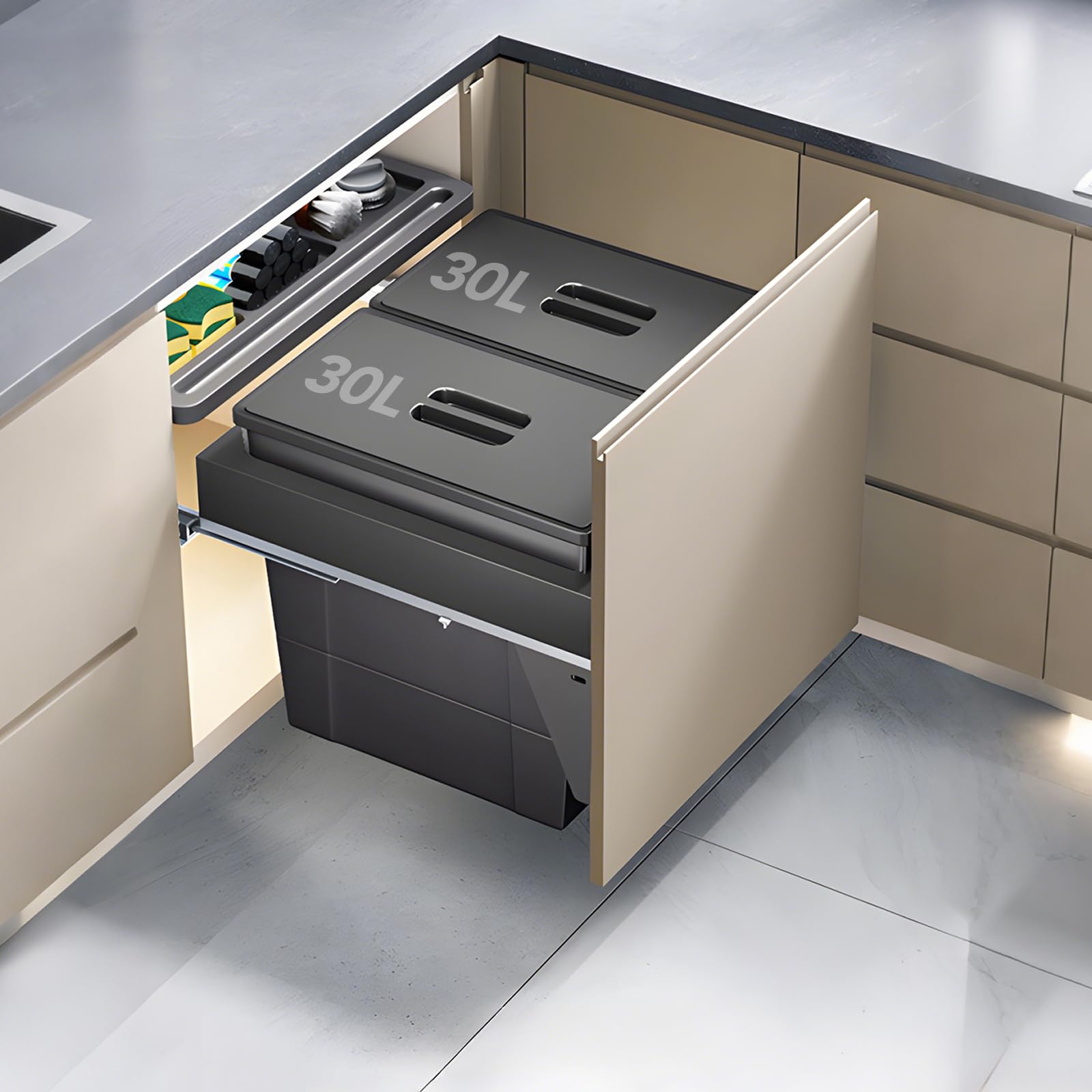 Under Sink Pull-Out Trash Can – Grey ABS, Soft-Close Slide, Lid, Top Storage Tray, Kitchen Cabinet Organizer