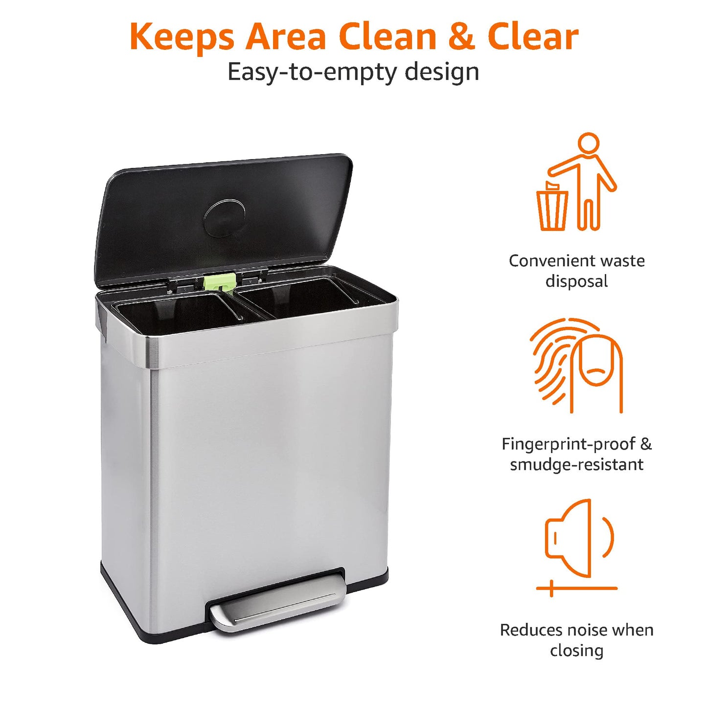 Stainless Steel Recycling Trash Can – Kitchen Waste Bin, Foot Pedal, Lid
