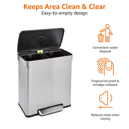 Stainless Steel Recycling Trash Can – Kitchen Waste Bin, Foot Pedal, Lid