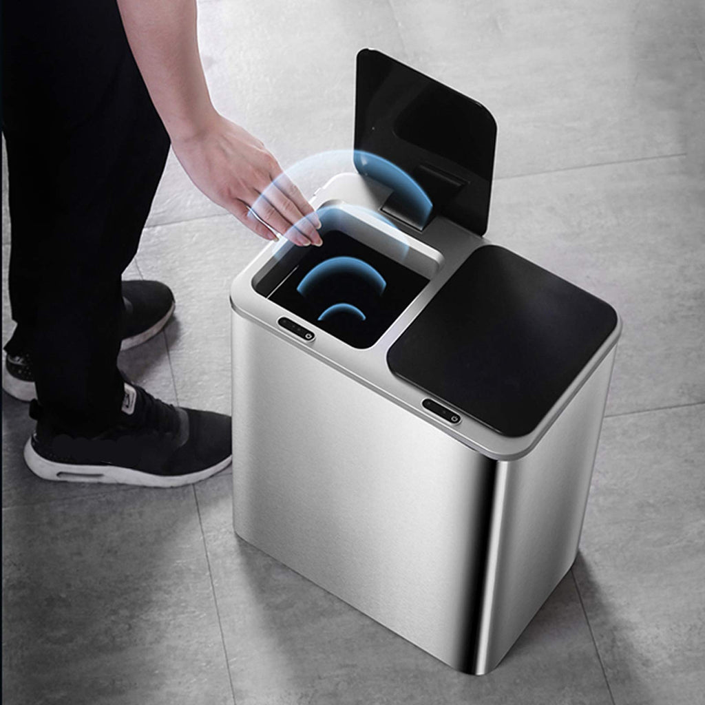 Smart Dual Compartment Sensor Trash Can, Large Capacity Stainless Steel Kitchen Waste Bin with Lid