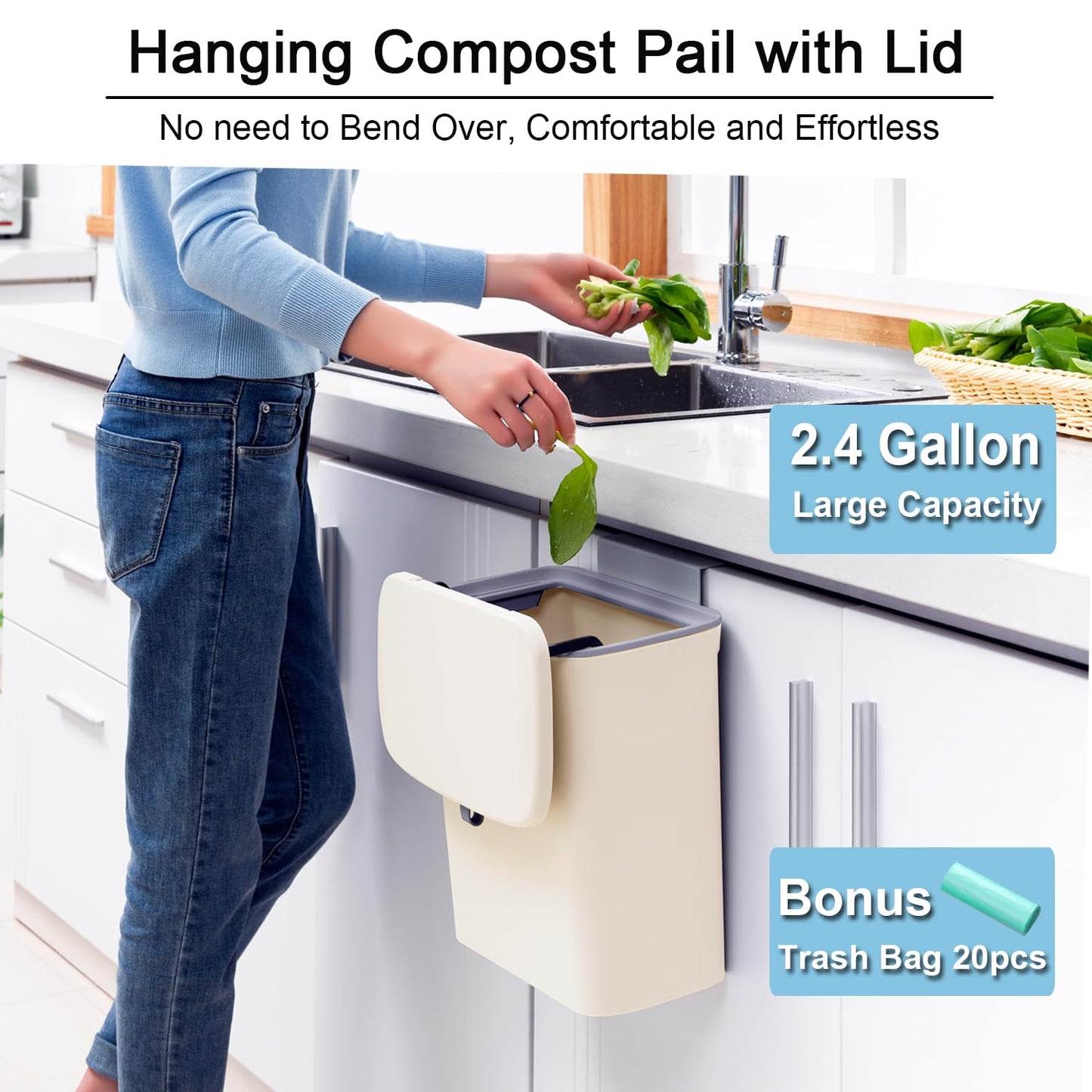 2.4 Gallon Kitchen Compost Bin – Countertop / Under Sink, Hanging Lid, Mountable Indoor Waste Bin