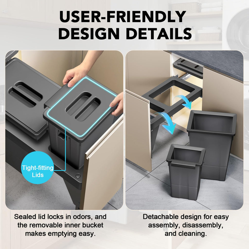 Under Sink Pull-Out Trash Can – Grey ABS, Soft-Close Slide, Lid, Top Storage Tray, Kitchen Cabinet Organizer