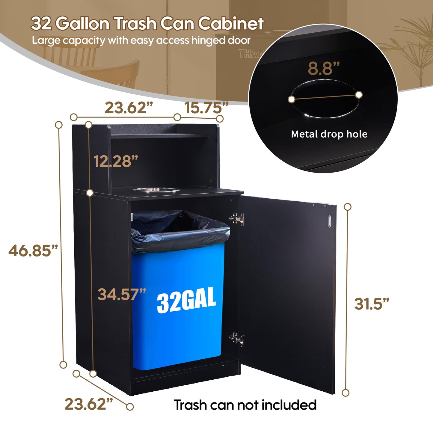 32 Gallon Commercial Restaurant Trash Cabinet – Wooden Enclosure, Large Waste Bin, Tray Holder, Door, Kitchen Office Cafeteria Garbage Container