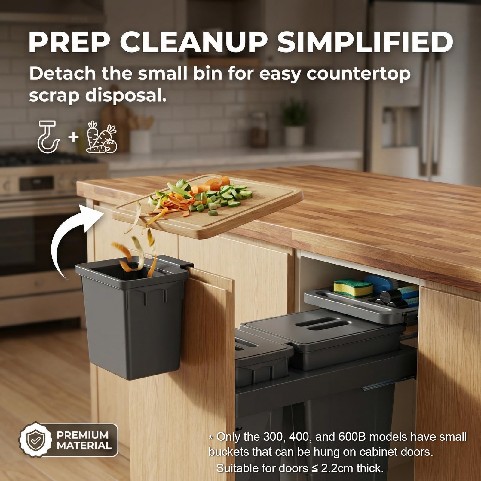 Under Sink Pull-Out Trash Can – Grey ABS, Soft-Close Slide, Lid, Top Storage Tray, Kitchen Cabinet Organizer