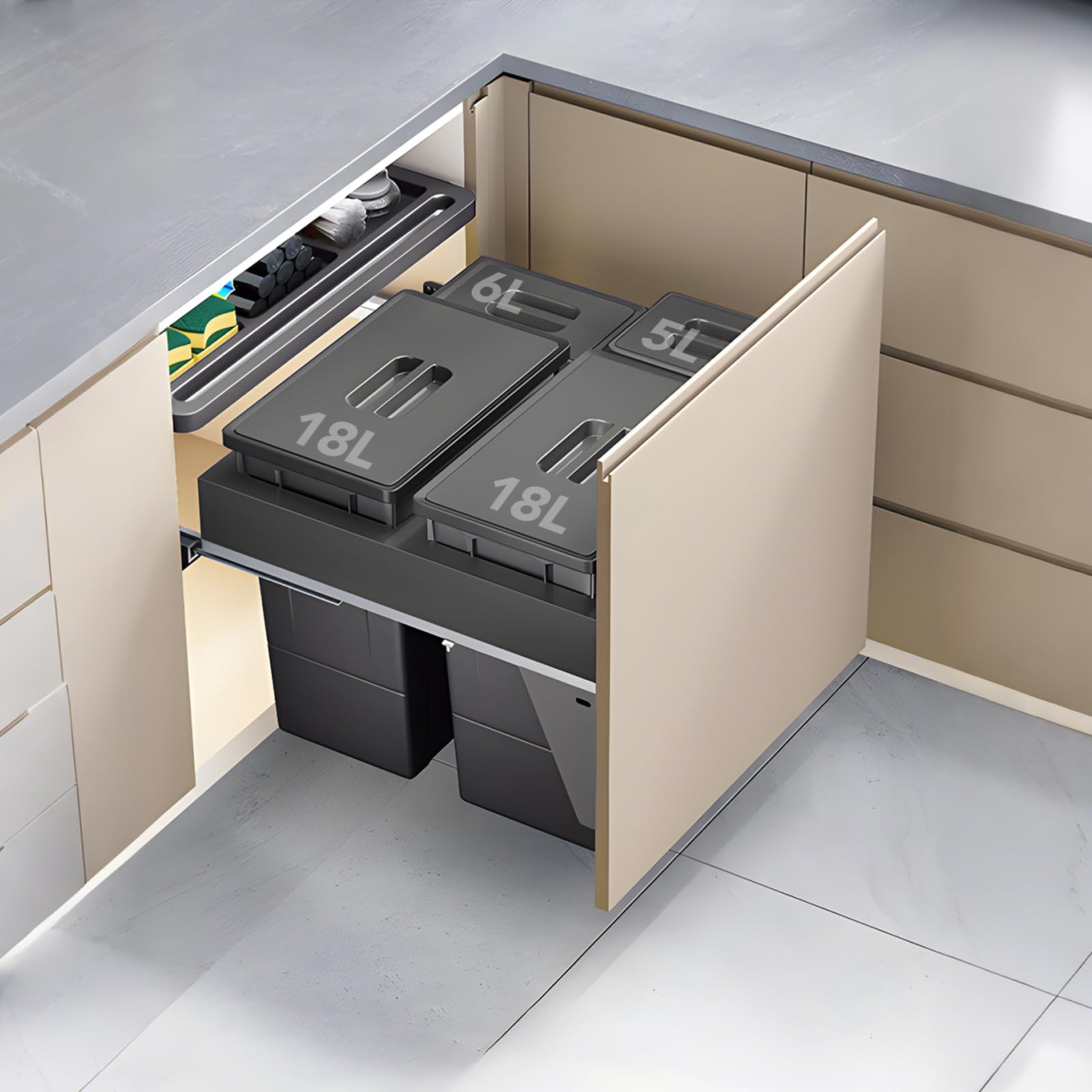 Under Sink Pull-Out Trash Can – Grey ABS, Soft-Close Slide, Lid, Top Storage Tray, Kitchen Cabinet Organizer