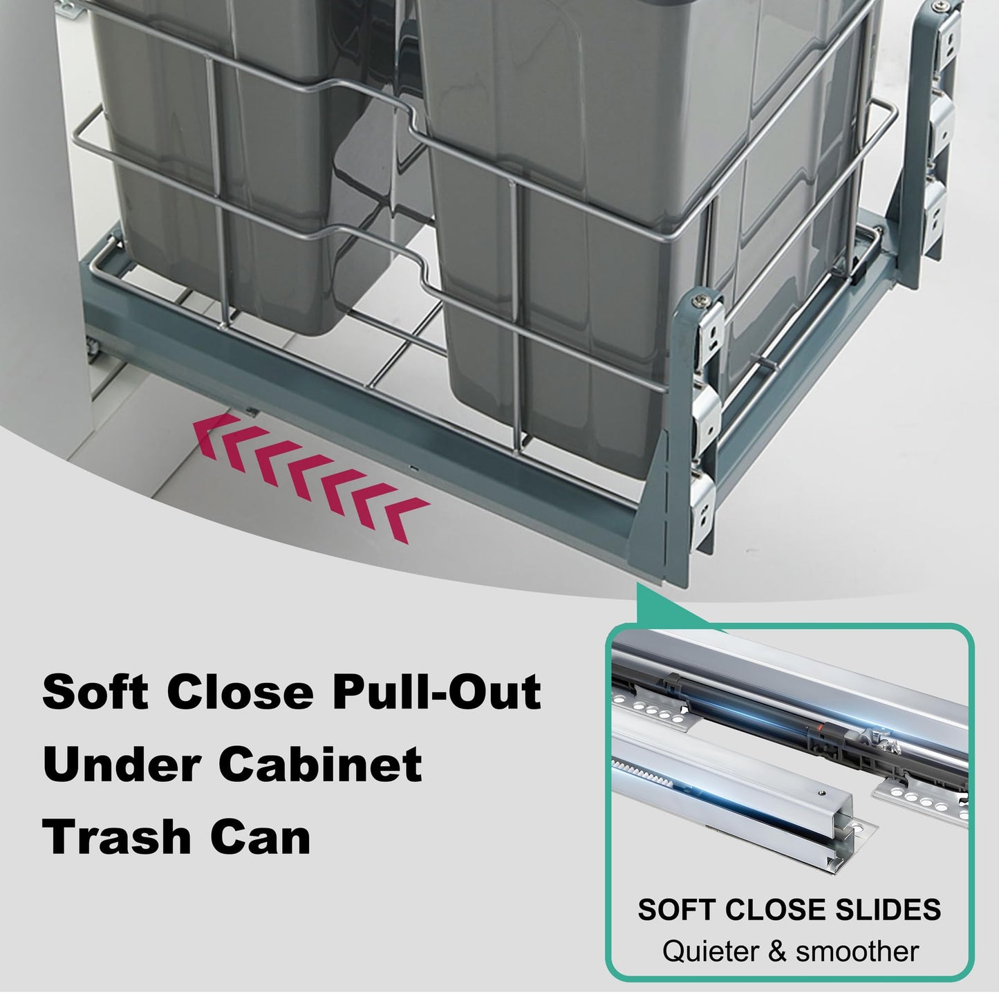Under Cabinet Pull-Out Trash Can – Dual 24QT, Soft-Close Sliding, Lid, Kitchen Recycling Bin, Door Mount System, Grey