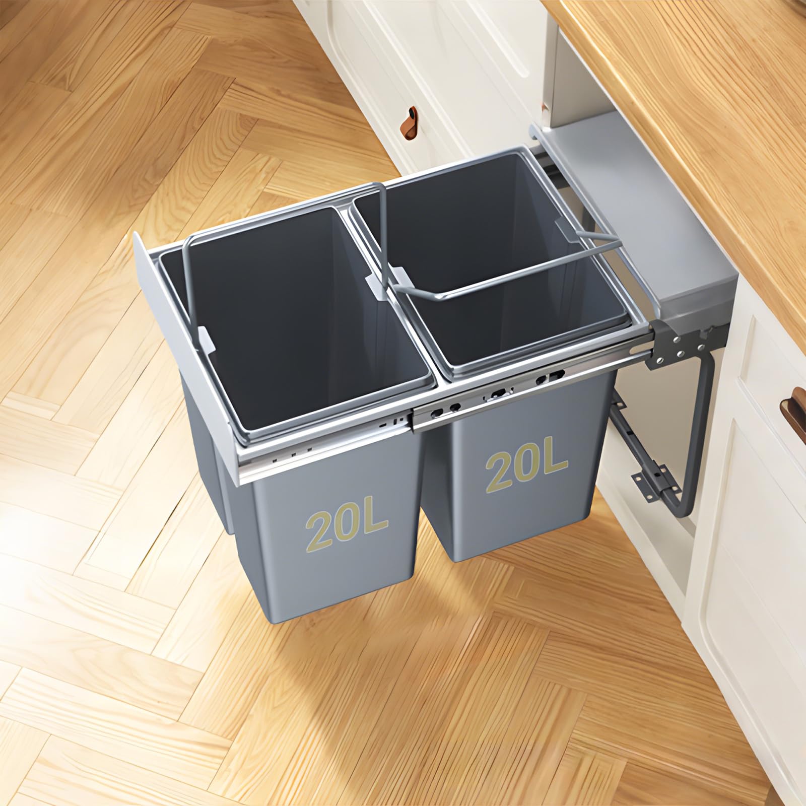 Under Sink Pull-Out Trash Can – Grey ABS, Soft-Close Slide, Lid, Top Storage Tray, Kitchen Cabinet Organizer