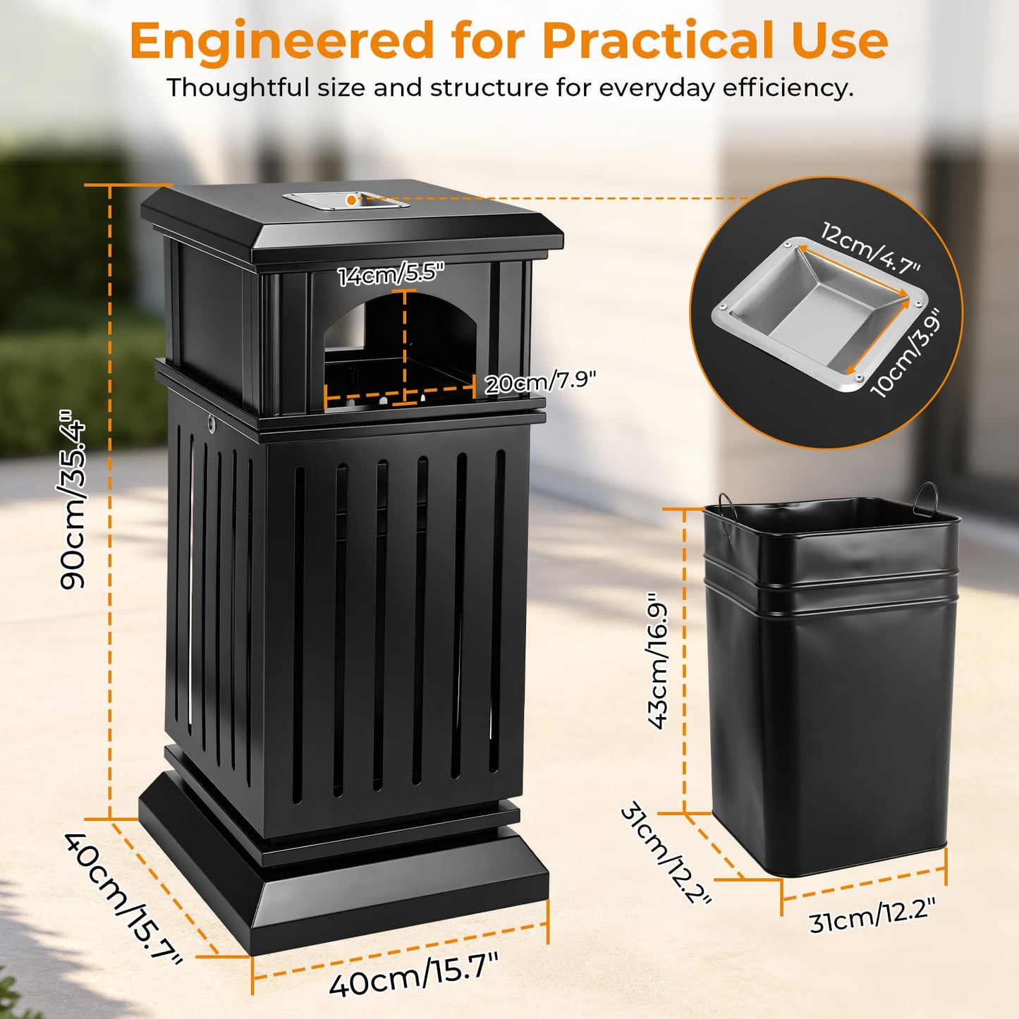 Outdoor Stainless Steel Trash Can – Commercial Heavy Duty Waste Bin, Locking Lid, Industrial Yard Garage Garbage Enclosure