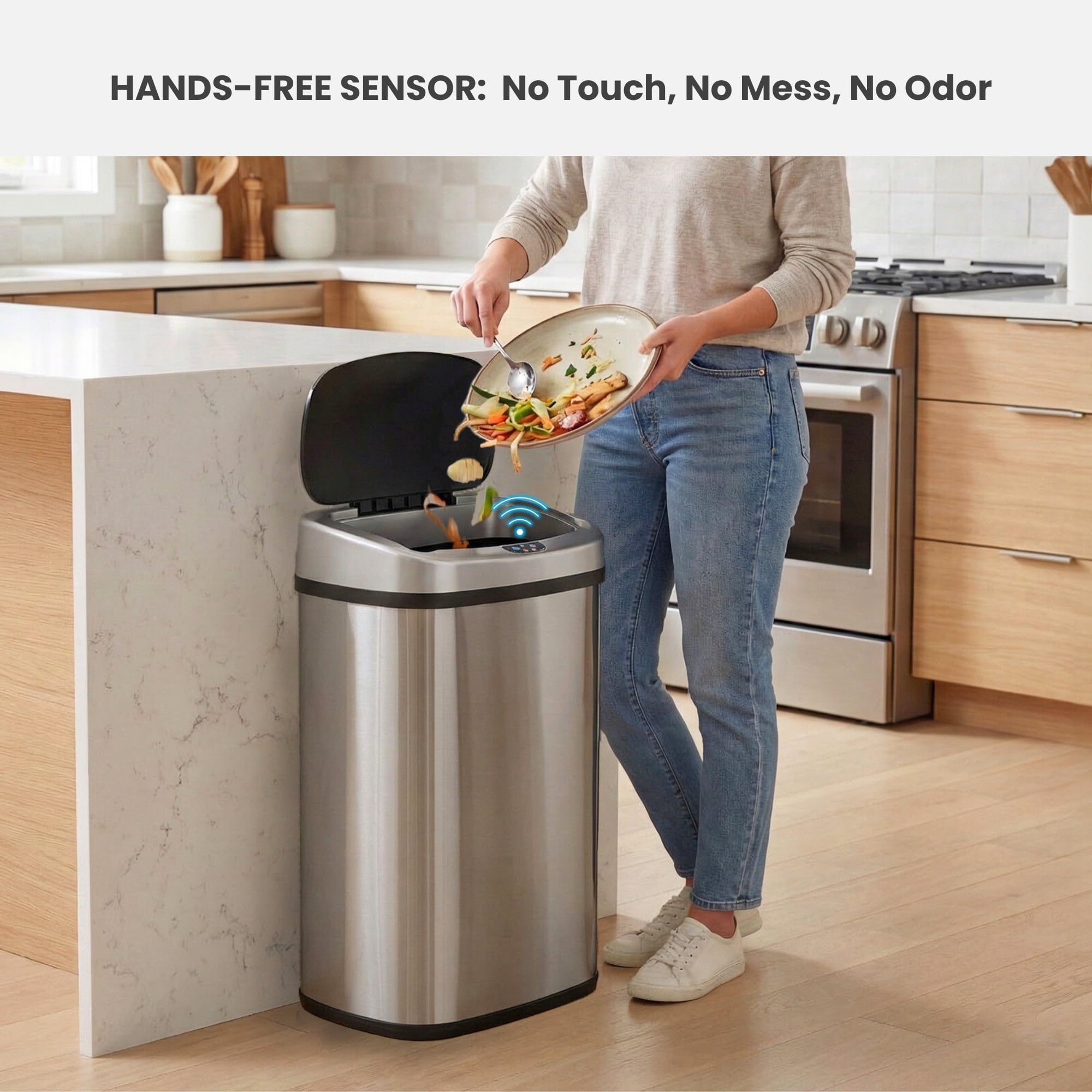13 Gallon Oval Smart Sensor Trash Can – 50L, Odor Filter, Stainless Steel, Motion Sensor, Soft-Close Lid, Fingerprint Resistant