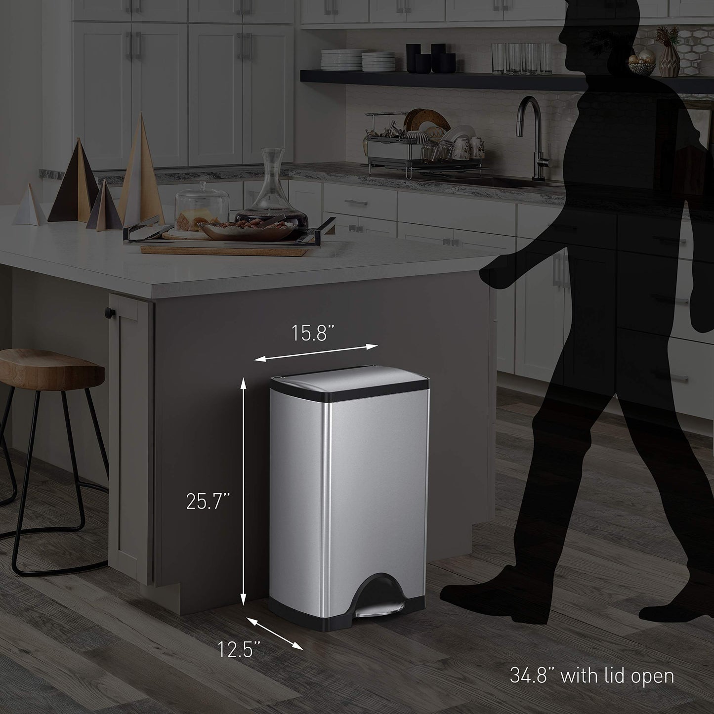 Rectangular Step Trash Can – Brushed Stainless Steel, Kitchen Waste Bin, Soft-Close Lid