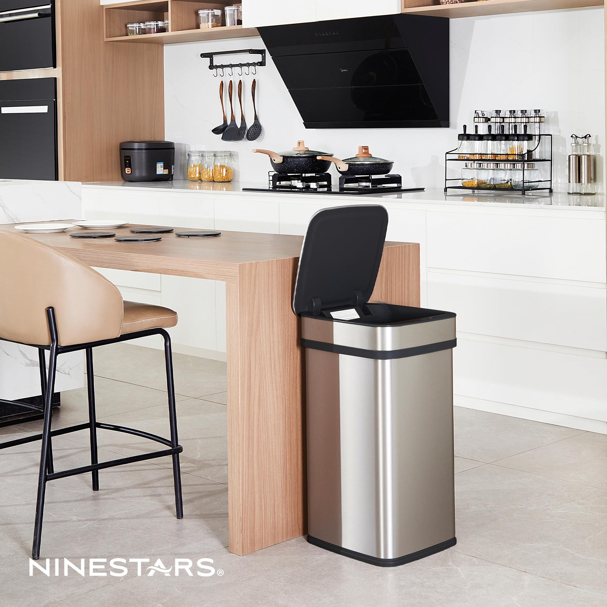 Smart Kitchen Trash Can – 13 Gallon / 50L, Motion Sensor, Odor Control, Stainless Steel, Automatic Opening, Universal Power Adapter