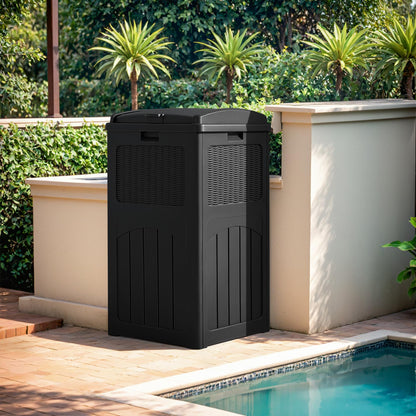 33 Gallon Outdoor Trash Can – Hideaway Resin Waste Bin, Waterproof, Tiered Lid, Patio Deck Backyard Garbage Container