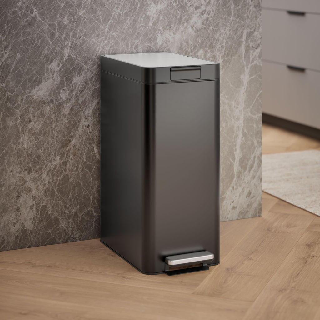 13 Gallon Slim Step Trash Can, Black Stainless Steel Space-Saving Bifold Lid Waste Bin