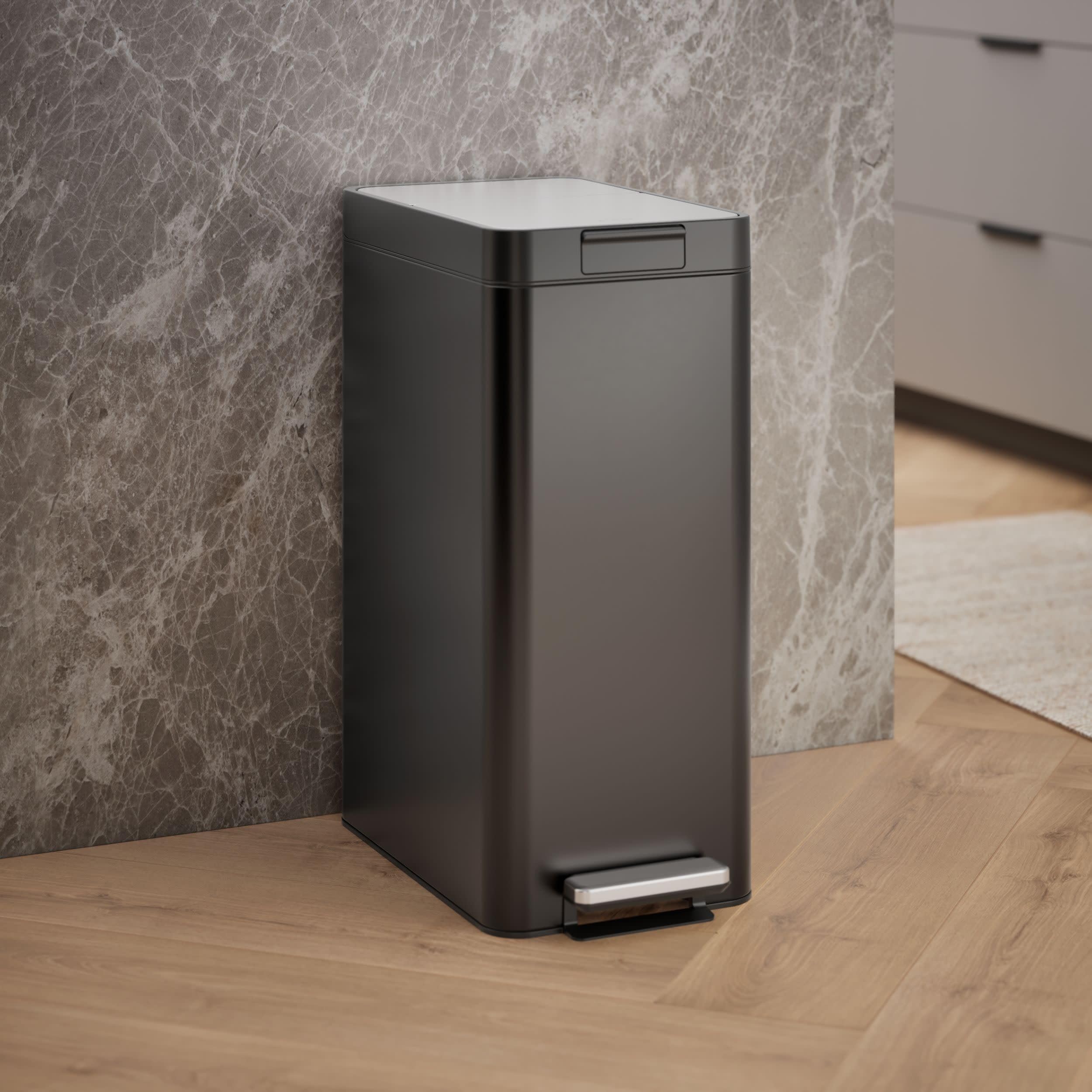 13 Gallon Slim Step Trash Can, Black Stainless Steel Space-Saving Bifold Lid Waste Bin
