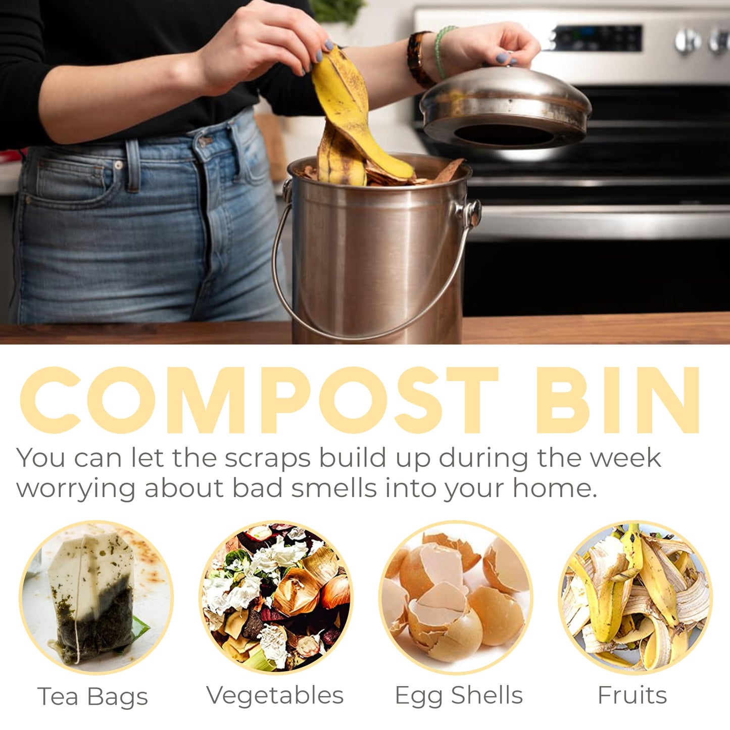 Compost Bin – 1.3 Gallon, Kitchen Countertop Waste Bin, Charcoal Filter, Odor Control