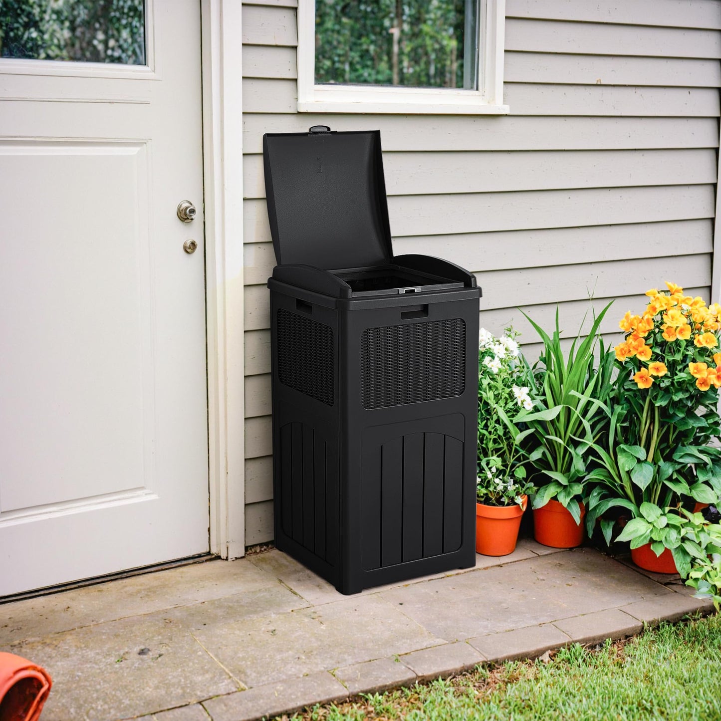 33 Gallon Outdoor Trash Can – Hideaway Resin Waste Bin, Waterproof, Tiered Lid, Patio Deck Backyard Garbage Container