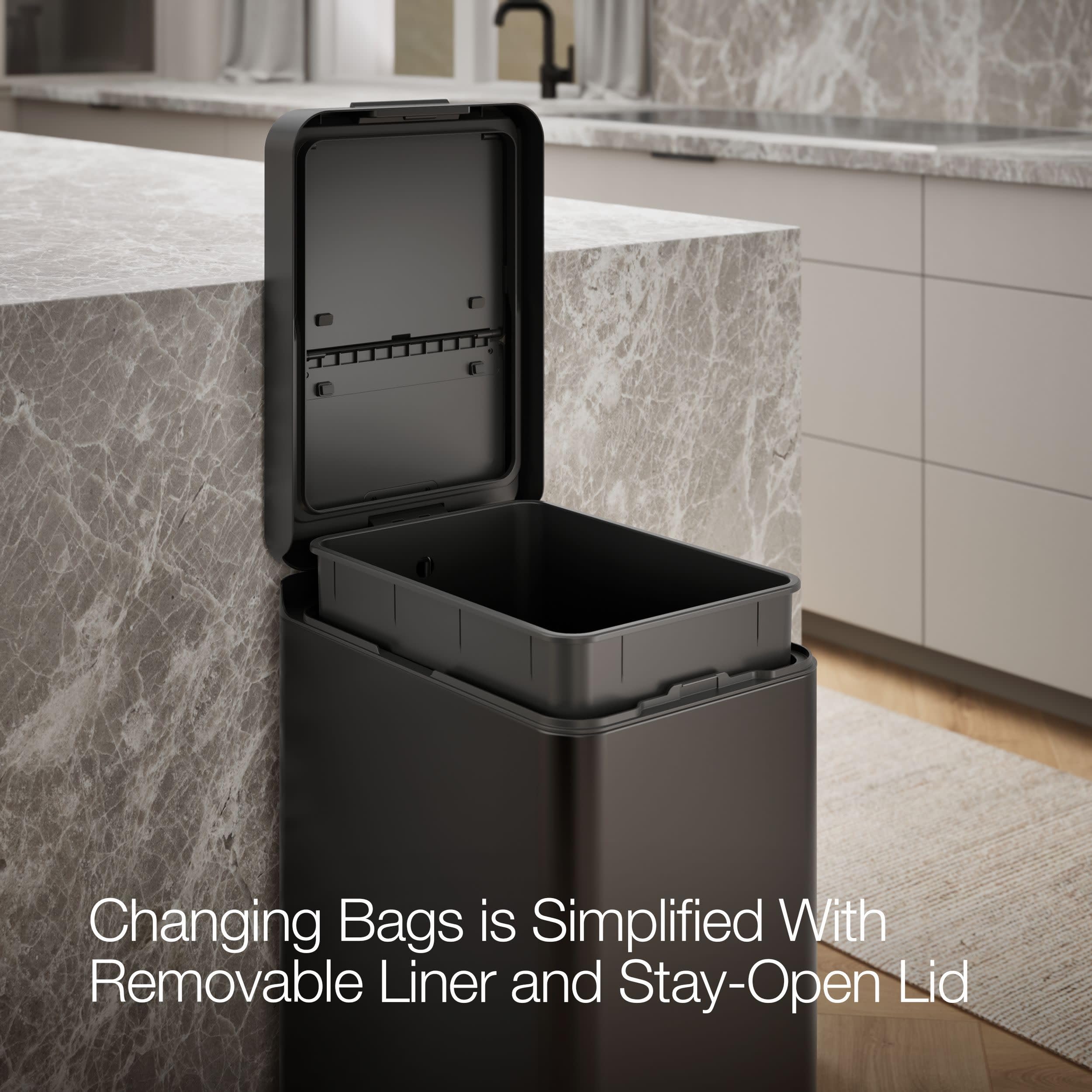 13 Gallon Slim Step Trash Can, Black Stainless Steel Space-Saving Bifold Lid Waste Bin