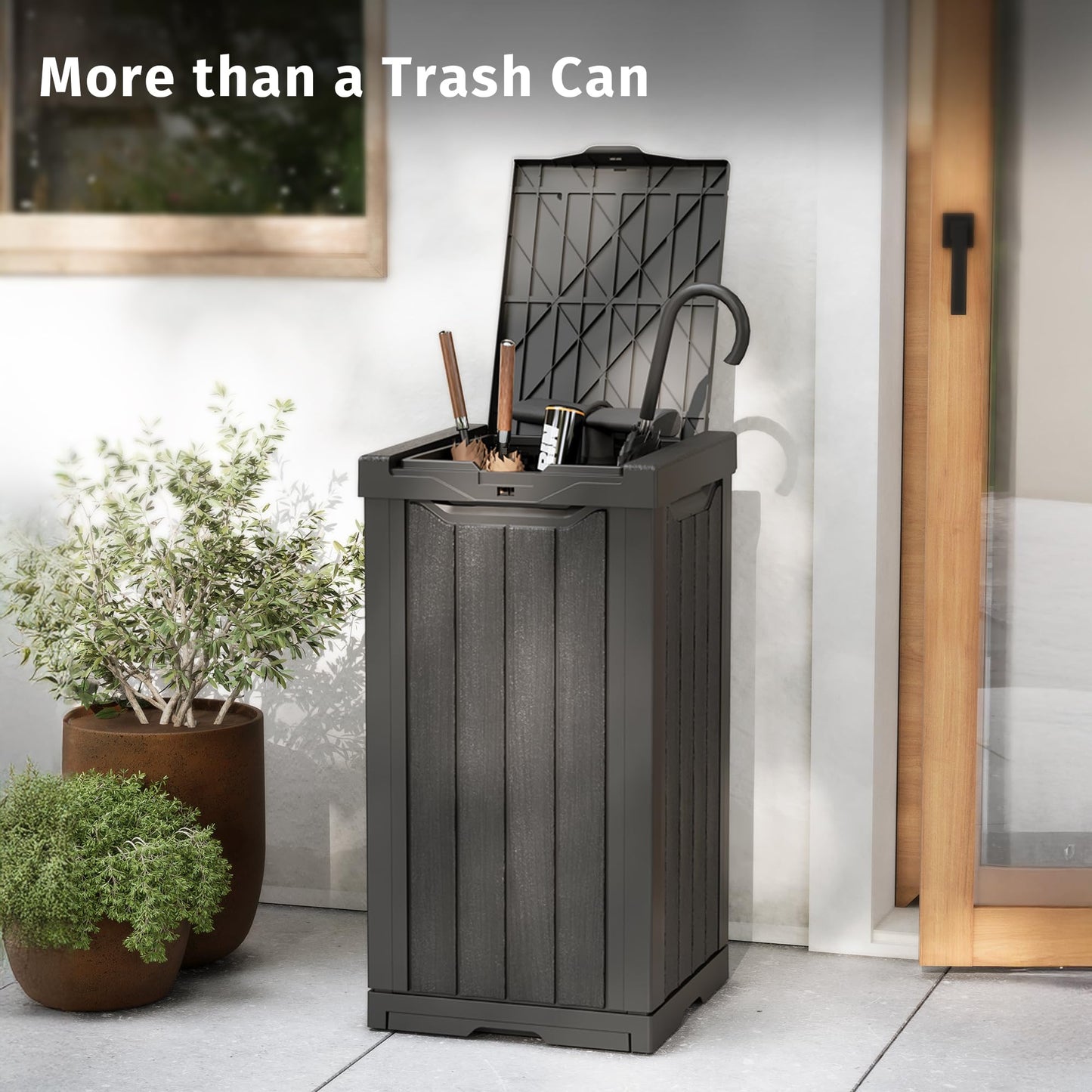 Outdoor Trash Can – Waterproof Resin Garbage Bin, Tiered Lid, Drip Tray, Patio Deck Backyard Waste Container