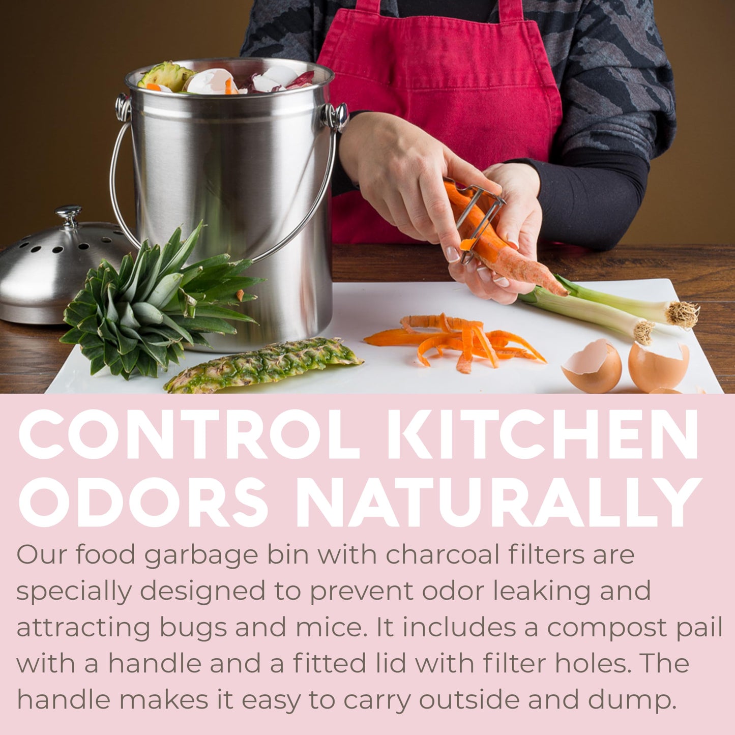 Compost Bin – 1.3 Gallon, Kitchen Countertop Waste Bin, Charcoal Filter, Odor Control