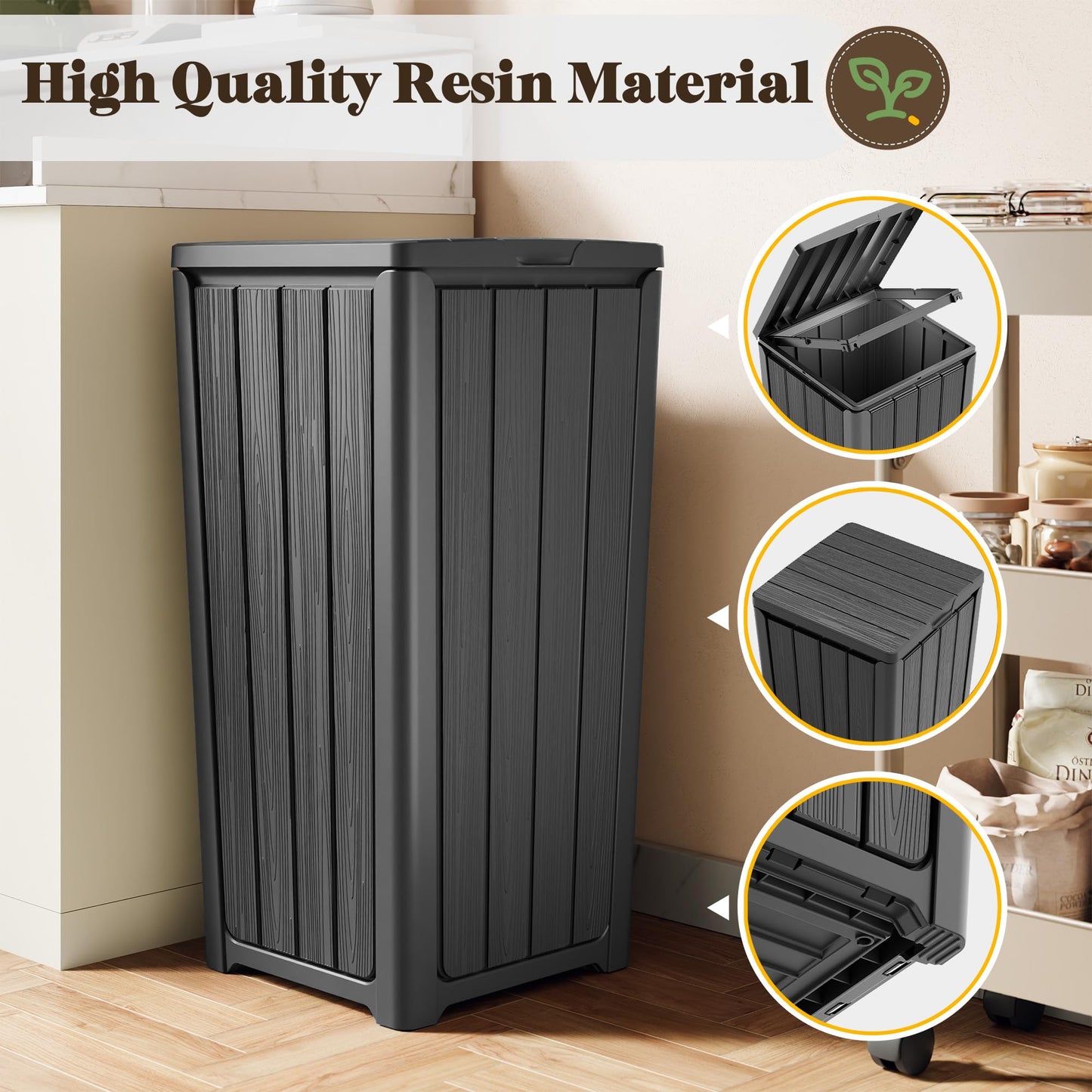 Outdoor Trash Can with Lid – Waterproof Resin Garbage Bin, Patio Garage Deck Backyard Waste Container